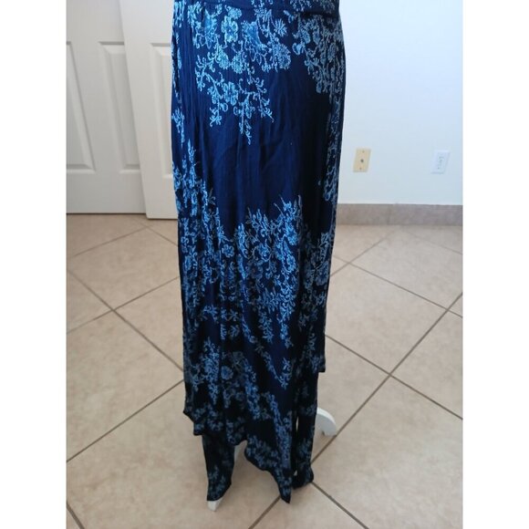 Bila Womens Maxi Dress L Blue Floral Smocked Split Neck Sleeveless Double Slit - Picture 8 of 16